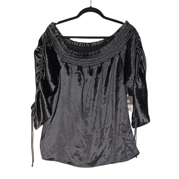 PROJECT RUNWAY Cinch Sleeve Smocked Off The Shoulder Sheen Black Top XL NWT - Picture 4 of 10